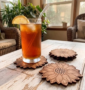 Sunflower Laser Cut Solid Wood Coaster Handcrafted Heat Resistant Drink Mat <b>Table</b> <b>Protector</b> Coffee Tea Cup Holder Home Decor - Product Image 5
