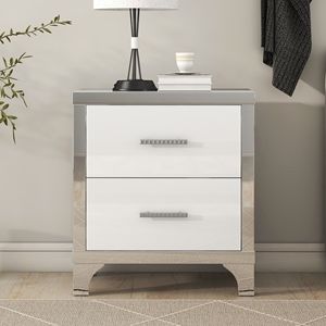 Elegant High Gloss Nightstand with Metal Handle Mirrored <b>Bedside</b> <b>Table</b> with 2 Drawers for Bedroom or Living Room - Product Image 4