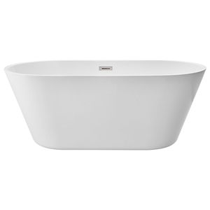 Vasca da Bagno Freestanding Contemporanea in Acrilico Bianco da 59 Pollici con Elegante Forma Ovale e Scarico con Troppopieno in Nichel Spazzolato - Product Image 1