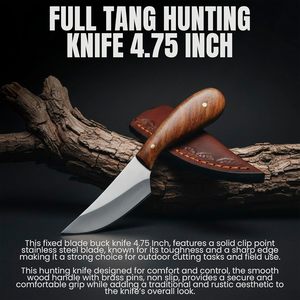 Cuchillo de Supervivencia y Caza Delgado de 4.5 Pulgadas, Hoja Recta de Acero Inoxidable con Empuñadura de Madera, Funda Marrón, Grado Industrial OEM - Product Image 2