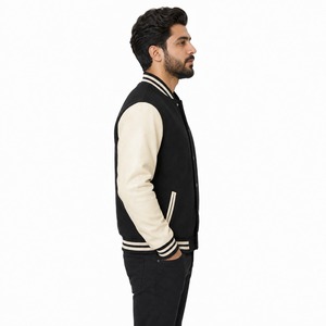 Veste universitaire haut de gamme en mélange de laine avec manches en cuir, fermeture à boutons-pression, col et poignets côtelés, doublure chaude, style classique décontracté urbain - Product Image 3