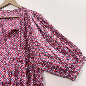 Mini-robe formelle vintage en coton 100% naturel, imprimée à la main, faite à la main, écologique, col en V, manches 3/4, ourlet à volants en dentelle, lavable - Product Image 2