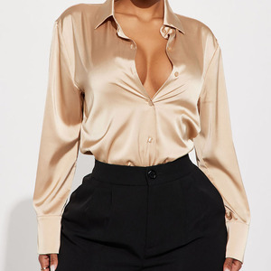 Camisa de Satén de Primera Calidad para Mujer, Manga Larga, Cierre de Botones, Color Sólido, Blusa de Oficina, Corte Regular, Cuello de Camisa, Estilo Formal - Product Image 1