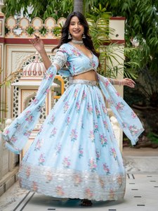<b>Light</b> <b>Blue</b> Floral <b>Lehenga</b> Set with Embroidered Dupatta Traditional Indian Wedding Wear for Women - Product Image 4