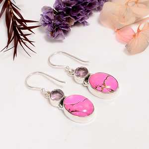 Pink Cotton Candy Dahlia Turquoise & Kunzite <b>Dangle</b> <b>Earrings</b>, 925 Sterling <b>Silver</b> Boho Gemstone Jewelry Gift for Her - Product Image 1