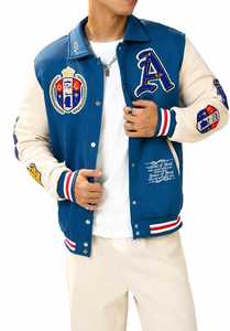 <b>Men's</b> Blue Varsity <b>Jacket</b> Embroidered <b>Letter</b> A Patch Design Turn-down Collar Regular Fit Autumn Wear - Product Image 4