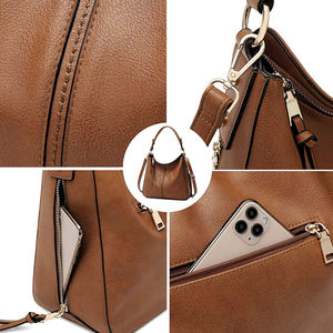 Ensemble de sacs à main hobo en cuir véritable marron avec fermeture éclair, sac à bandoulière avec pochette et sangle pour femmes - Product Image 2