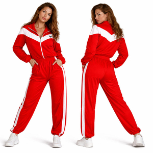 Conjunto Deportivo para Mujer al por Mayor, con Rayas Rojas en Contraste, Chaqueta Cortavientos con Cremallera Personalizada y Pantalones Jogger, Sudaderas con Etiqueta Privada OEM, EE. UU. - Product Image 1