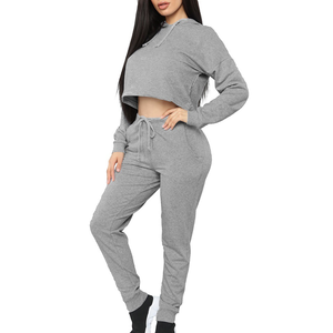 Conjunto de Sudadera Corta y Pantalones Deportivos de Felpa 100% Algodón para Mujer, Diseño Personalizado, Color Sólido, Estilo Casual, Dos Piezas - Product Image 1