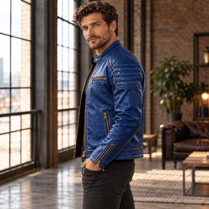 Chaqueta de Cuero Genuino Azul para Hombre, Estilo Café Racer, para Invierno, con Hombros Acolchados Texturizados, Cremalleras de Latón, Puños con Cremallera, Cuello Alto, Seda - Product Image 2