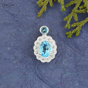 Fournisseurs en gros de pendentifs ovales en topaze bleue en argent sterling 925 avec halo et zircon cubique, bijoux de mode pour mariée - Product Image 2