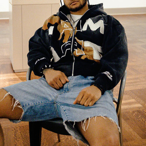 New Custom Embroidered Printed Boxy 440gsm Heavyweight <b>Cropped</b> Hoodie Distressed Acid Wash <b>Zip</b> <b>up</b> Satin Lined Hoodie for Men - Product Image 2