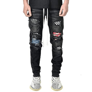 Jeans déchirés noirs personnalisés pour hommes, coupe skinny, denim usé, pour streetwear, tenue décontractée et mode à marque privée - Product Image 1