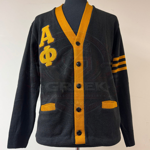 Cárdigan Personalizado con Rayas, Suéter con Letras de Chenilla Personalizadas de la Fraternidad Griega Alpha Phi, Suéter de Punto para Hombre, Cárdigan Universitario - Product Image 1