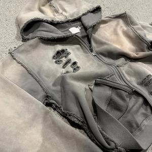 New Design Custom 100% Cotton Streetwear Sun Faded Acid Wash Cut and Sew Rhinestone Distressed Rip Double Zipper Cropped Hoodie - Product Image 3