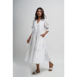 Robe longue trapèze blanche de luxe faite à la main, col en V, manches bouffantes, en coton, longueur thé, style simple, pour l'été, prix de gros - Product Image 2
