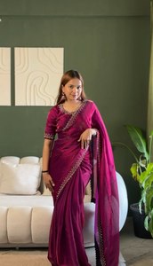 Wholesale Luxury <b>Wine</b> Purple Organza Saree Fine Embroidery Border Indian Pakistani Wedding Party Wear Sari Elegant Silk Blouse - Product Image 3