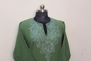 Green Embroidered Cotton Indian Traditional Wear <b>Kurta</b> <b>Men</b> V Neck Full Sleeve Ethnic Top Casual Festival Wear - Product Image 2