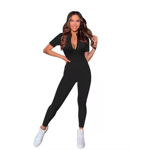 Combinaison pour femme à imprimé léopard, manches courtes, col en V, taille haute, coupe ajustée, longueur intégrale, style streetwear, printemps été, spandex polyester - Product Image 2
