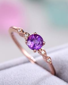 Bague de fiançailles en améthyste, argent 925 plaqué or rose 14 carats, CZ rond, style Art Déco, bague de mariée - Product Image 4