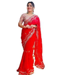Seda de organza India estilo celebridad con bordado Lucknowi tela de encaje de trabajo para Sari para mujer y ropa de novia - Product Image 1
