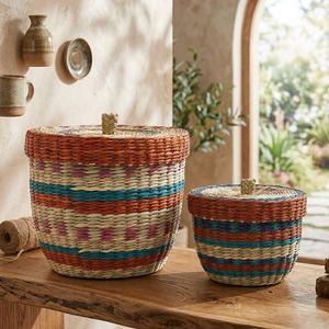 Handwoven Mini Seagrass Basket with <b>Lid</b> – Colorful Decorative <b>Storage</b> Basket for Jewelry, Cosmetics and <b>Small</b> Accessories - Product Image 5