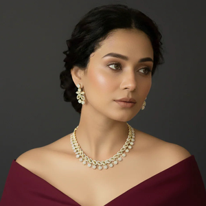 Bridal Wedding Gold Plated Necklace Earrings Ring Set with Zircon Stones Oxidized Polish Finish - Product Image 1