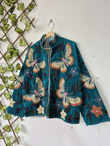 <b>Women's</b> Teal <b>Velvet</b> Bomber <b>Jacket</b> Stand Collar Zipper Butterfly Embroidered Autumn Coat Butterfly Embroidered <b>Women</b> <b>Jacket</b> - Product Image 2