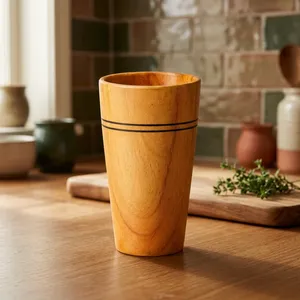 Handmade Wooden Drinking <b>Glass</b> <b>Tumbler</b> with Natural Wood Grain and Double Black Stripe Design - Product Image 3