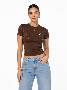 Customized Sparkly Diamonds Baby Tee Women's Shirts Supplier Custom Logo Fitted Gym T-Shirt Bulk Shimmering Casual Ladies Tops - Product Image 5