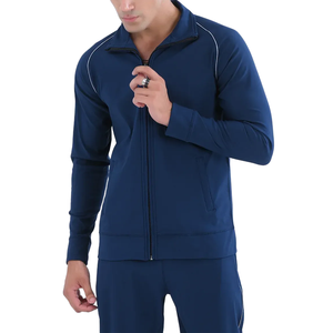 Survêtement bleu marine pour homme, sweat-shirt à fermeture éclair intégrale avec poches latérales, tenue de sport décontractée, respirante, en polyester - Product Image 4