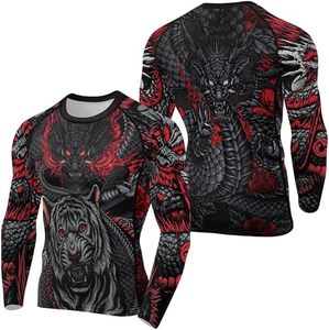 เสื้อรัดรูปแขนยาวสำหรับผู้ชาย พิมพ์ลายเต็มตัว ลายมังกรและเสือ แห้งเร็ว สีดำแดง - Product Image 4