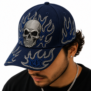Gorra de béisbol personalizada al por mayor con pedrería, 6 paneles, visera curva, snapback, con calavera bordada en 3D y llama de cristal termoadhesiva - Product Image 1