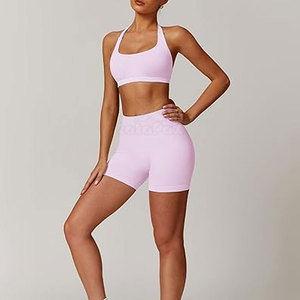 Breathable High Quality Women Yoga Shorts Top Solid 2-Piece Set Lightweight Stretch Spandex/Nylon Anti-Bacterial Quick Dry for - Product Image 3