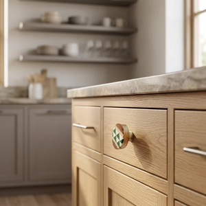 Wooden Cabinet Knob Round Green White Geometric Design <b>Rustic</b> Style Kitchen Drawer Handle Easy Installation - Product Image 3