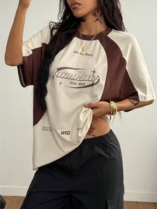 Women'S Streetwear Oversized Short Sleeve, Y2K Street Style Letter Print Trendy <b>Top</b>, Off-Shoulder Design <b>Patchwork</b> T-Shirt - Product Image 6