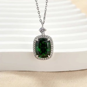 925 Moissanite Halo <b>Emerald</b> Green Cushion Cut <b>Pendant</b> Necklace in 18K White Gold Plated Moissanite Diamond Pendent Necklace - Product Image 2