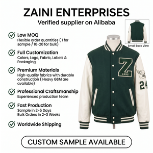 Veste de sport brodée en molleton de coton mélangé 420 GSM, coupe-vent, design à panneaux vert et blanc, manches en PU, logo personnalisé - Product Image 1