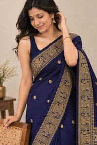 LoomIndia Navy Blue Pure Cotton Traditional Baluchari <b>Saree</b> with Recycled Materials <b>for</b> <b>Women</b> <b>for</b> Wedding Occasions - Product Image 2