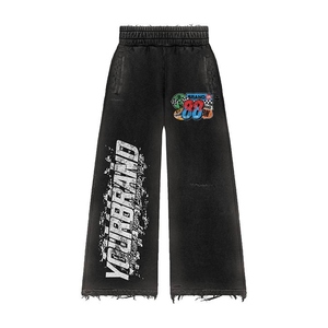 New Arrival Men's French Terry 100% Organic Cotton Quick Dry Screen Printed Baggy Zip Vintage Washed Hoodie Wide Leg Pants OEM - Product Image 2
