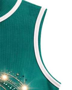 Débardeur côtelé vert émeraude personnalisé pour femme avec rayures en strass, sans manches, été, fabrication sur mesure - Product Image 2