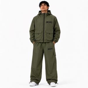 <b>Men's</b> Olive <b>Green</b> Hooded Windbreaker Tracksuit Set <b>Cargo</b> <b>Pants</b> Lightweight Outdoor Sportswear Streetwear Custom - Product Image 1