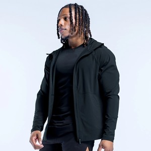 Sudadera con capucha para hombre, negra, con cremallera completa, de manga regular, lisa, cortavientos, ajuste slim, con logo personalizado, al por mayor, de alta demanda - Product Image 3