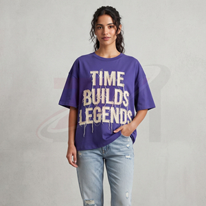 Camiseta Oversize para Mujer, Corte Holgado, Manga Corta, Estampado Morado con Letras, Cuello Redondo, Estilo Jersey, Bordada - Product Image 3