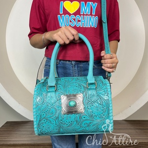 Bolso Grande de Cuero Genuino Grabado a Mano para Mujer, Modelo Speedy 2026, de Piel de Vacuno con Piedra Turquesa, Tipo Bandolera/Duffle, ¡Venta Caliente! - Product Image 1