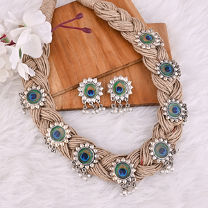 Boho Braided Jute Pearl <b>Statement</b> <b>Necklace</b> & Earrings Set - Product Image 5