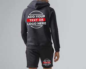 Ensemble sweat à capuche et short noir pour homme, impression personnalisée du logo au dos, transfert thermique, coton French Terry, vêtements décontractés pour l'automne - Product Image 2
