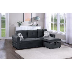 Divano Sezionale 2 Pezzi in Velluto Nero con Letto Estraibile, Chaise Longue Contenitore e Dettagli Trapuntati, Reversibile, per Soggiorno - Product Image 3