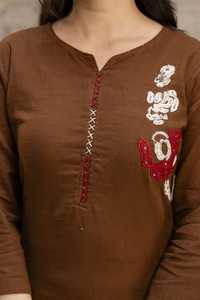Brown Applique Embroidery Pure Cotton <b>Women</b> Salwar Kameez Set 3/4th Sleeve <b>Kurti</b> & Pant with Dupatta <b>for</b> Party Wedding - Product Image 4