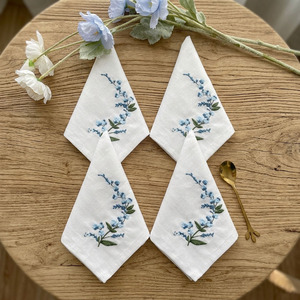 Custom Classic Square Cotton Napkin Embroidered Blue Flower Durable Reusable Machine Washable Full Size Home Wedding - Product Image 1